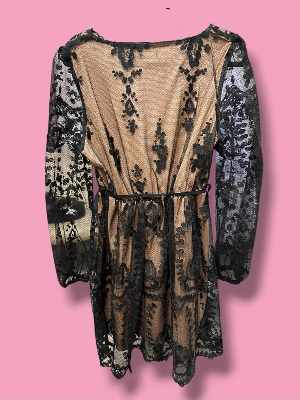 Boohoo Black Lace Overlay with Tan Slip Long Sleeve Mini Dress - Picture 2 of 4